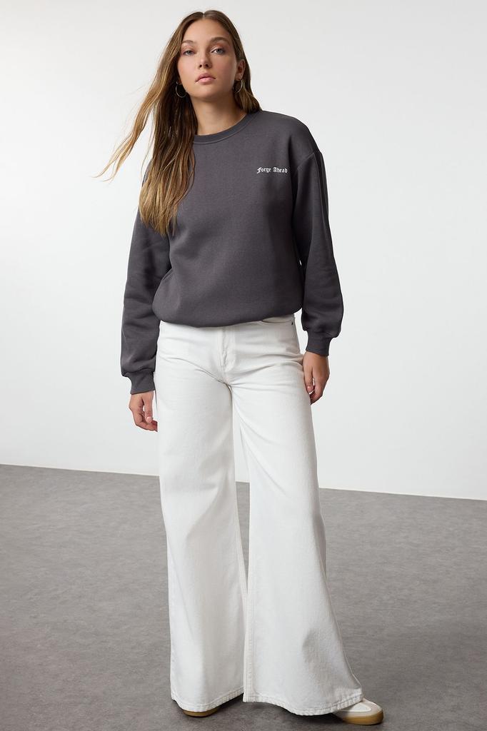 Women's Fashionable Stylish Sweatshirt Anthracite Regular Normal Fit Front and Back Printed Thick Polar Knitted Sweatshirt