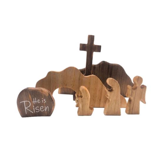 Décoration de Pâques représentant le tombeau vide, un plateau en bois avec la scène de la résurrection de Pâques et la scène de la Nativité de Jésus. Ornement de table.