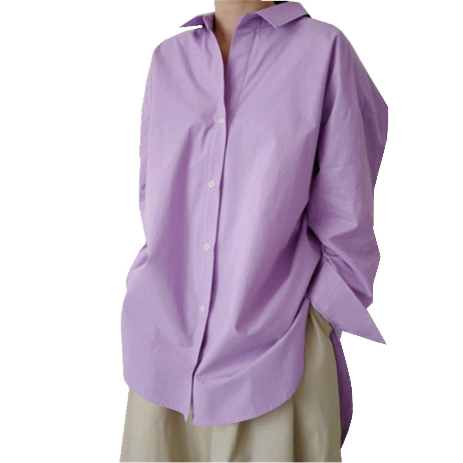Women s Casual Fashion Color Single-breasted Lapel Stitching Long-sleeved Loose Shirt M фиолетовый