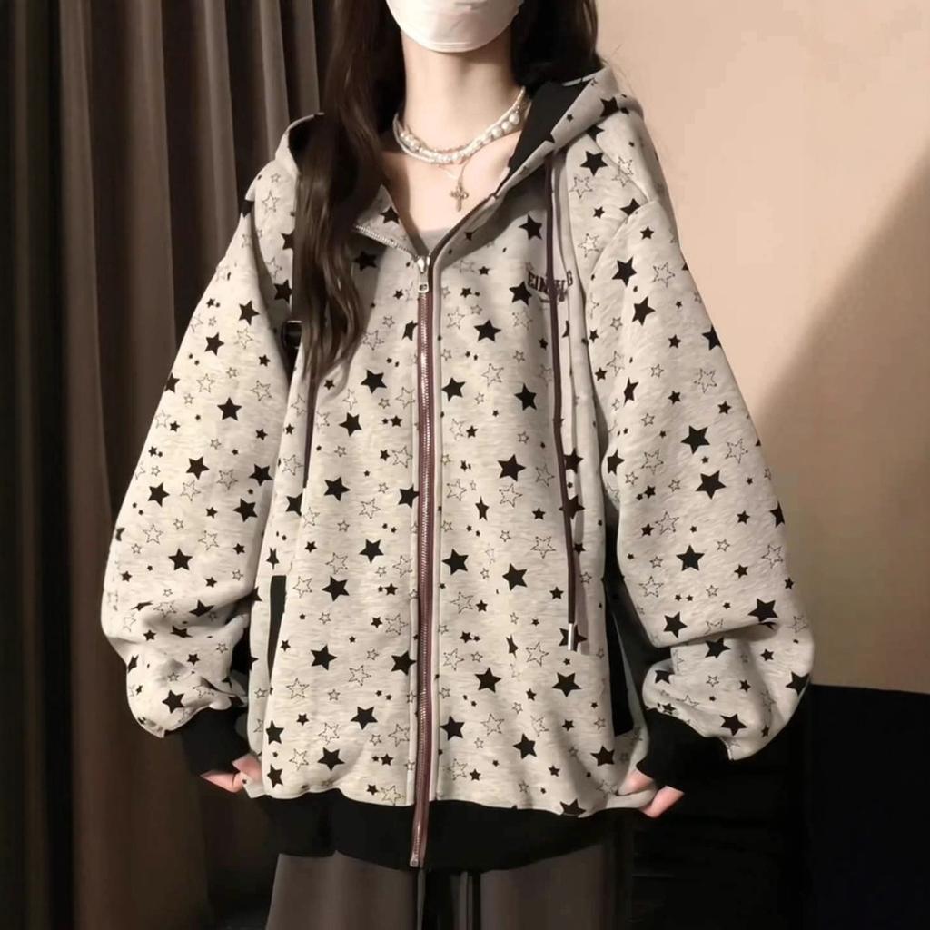 American high street stars full of hooded sweater women's spring and autumn new loose college style zipper cardigan jacket