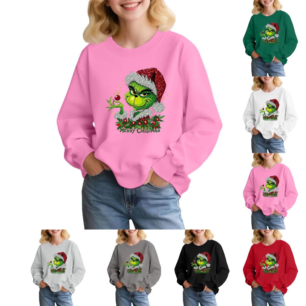 Kids' Fashion Loose-Fit Casual Long-Sleeve Christmas Print Oversized Crewneck Sweatshirt