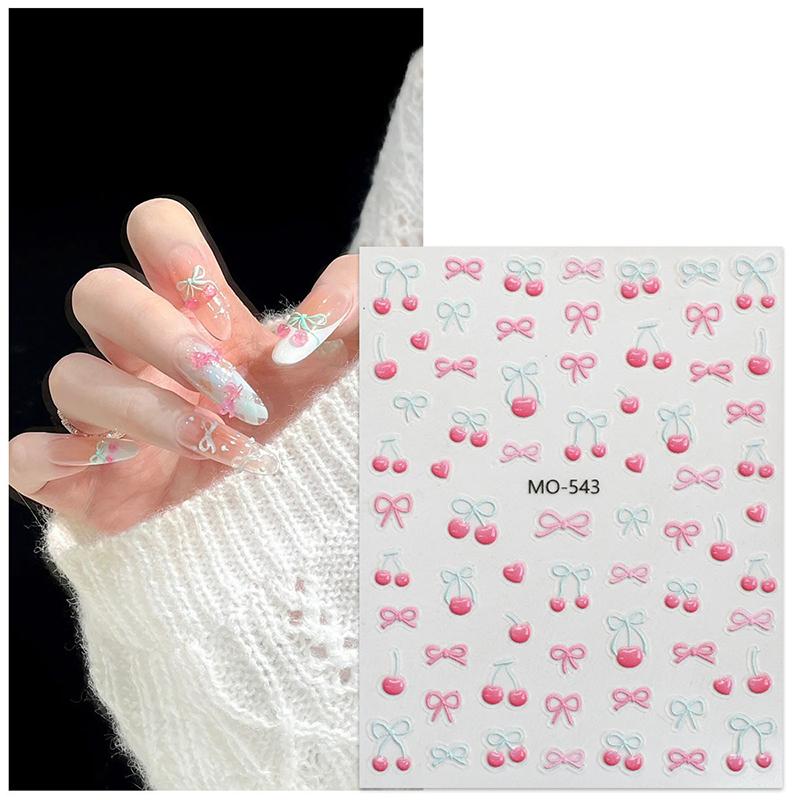 1 Sheet Kawaii Cherry Bow Nail Stickers 5D Cute Fruit Design Adhesive Decorative Stickers Nail Art Stickers