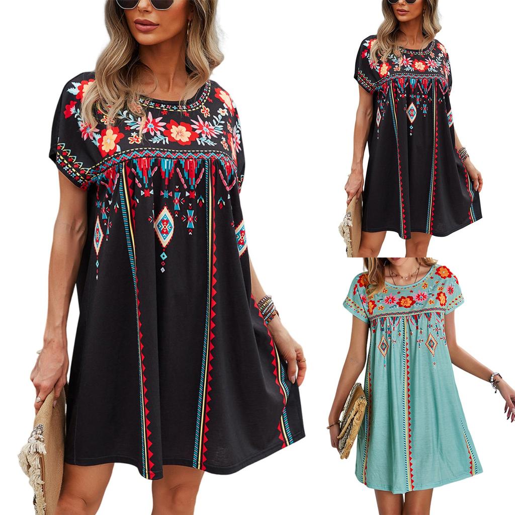 Damenkleid Lässiges Rundhalskleid mit Vintage-Blumendruck und kurzen Ärmeln