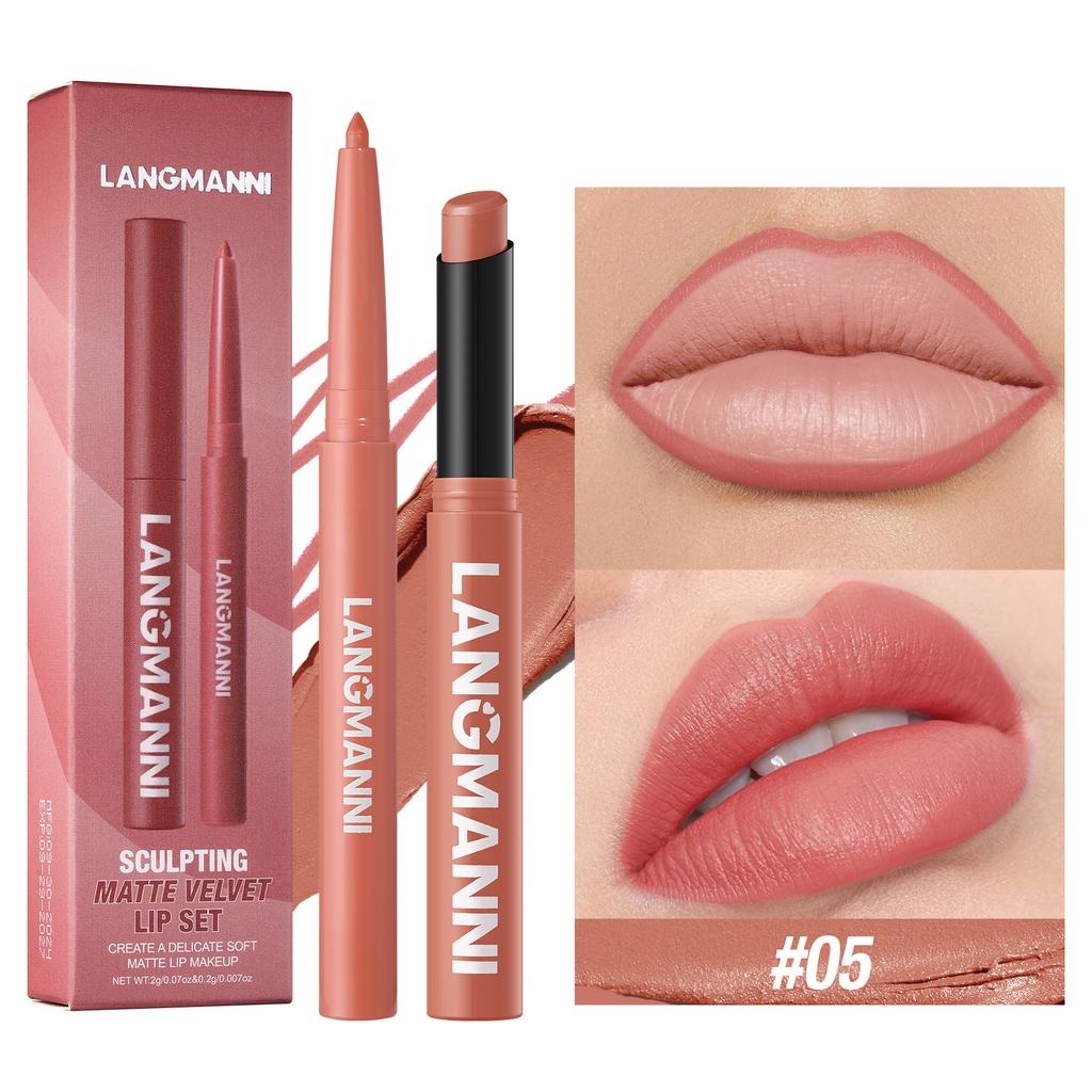 2set Lip Liner & Lipstick Set, Matte Effect and Moisturizing Lipstick Create Full Lips, Waterproof Formula Lip Makeup
