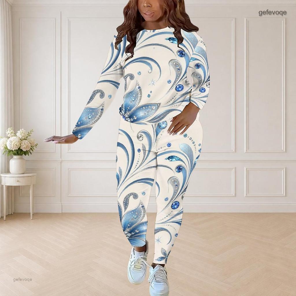 Women Plus Size Round Neck Long Sleeve Floral Printed Top And Fitted Pants Two Piece Set