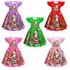Kids Girls Cartoon Santa Claus Christmas Tree Elk Print Ruffle Sleevess New Year Dress