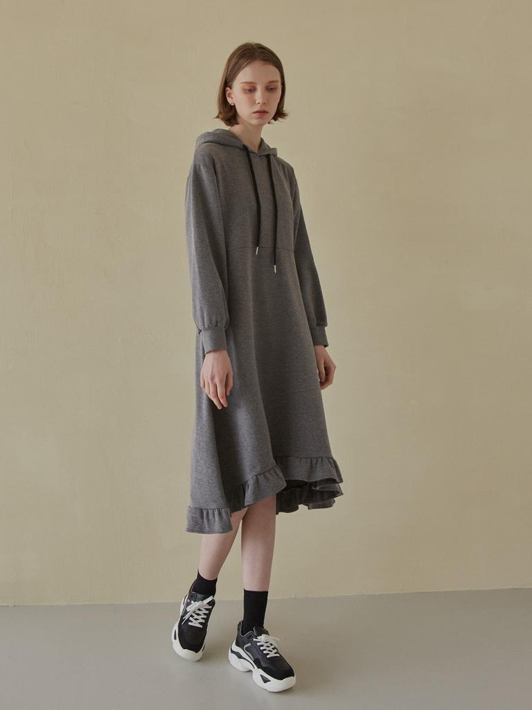 AVANT-G Hooded Frill Long Dress - Charcoal (Brushed Version)