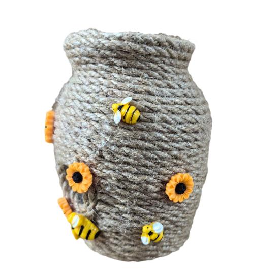 Honungskrukvas med bi och solrosor Naturligt jutesnöre Blomvas Gårdsbordsskiva Centerpiece för kök matbord Heminredning