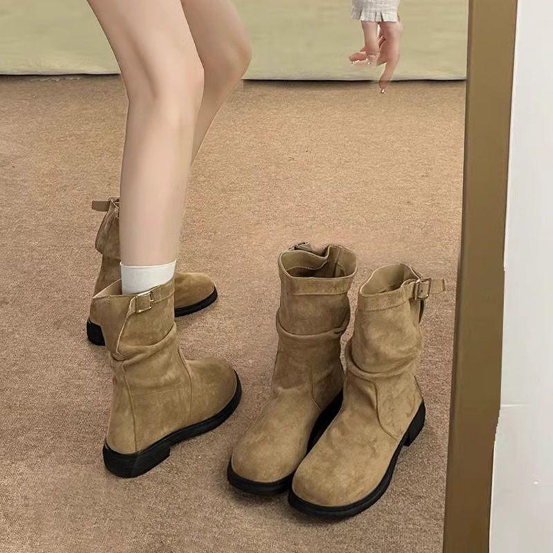 Flat Short Boots Women's 2025 Autumn and Winter New Single Boots Thin Sleeve Martin Boots Stacking Boots Retro Medium Boots Women
