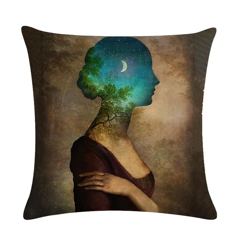 Abstract Fairy Girl Decorative Cushion Cover Linen Pillowcase For Sofa Couch Bedroom Home Living Room Decor 45X45Cm