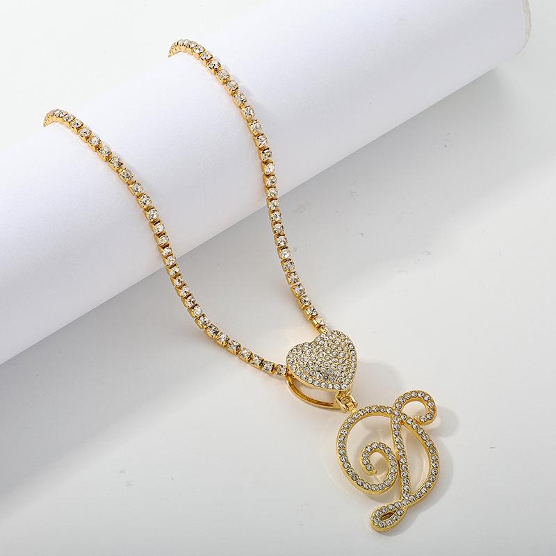 26 Flower Letter Necklace: Hip Hop Heart Pendant with Full Diamond Inlaid Tennis Chain for Women