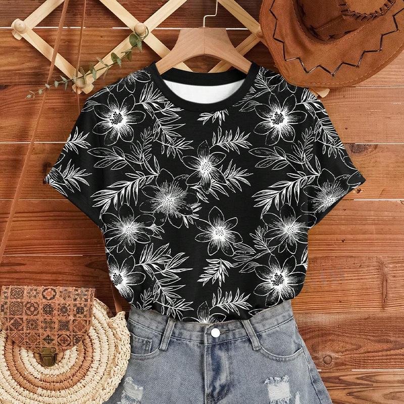 Fashion Women Creative Line Flower Print T Shirt Funny Casual O-neck Short Sleeves T-shirt Summer Female Tee Shirt