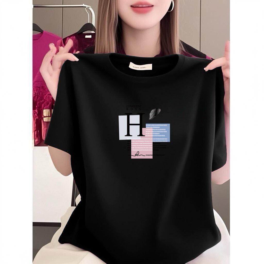 Women's Black Short-Sleeve Summer T-Shirt - Loose Fit, Slimming, Letter Print, Age-Reducing