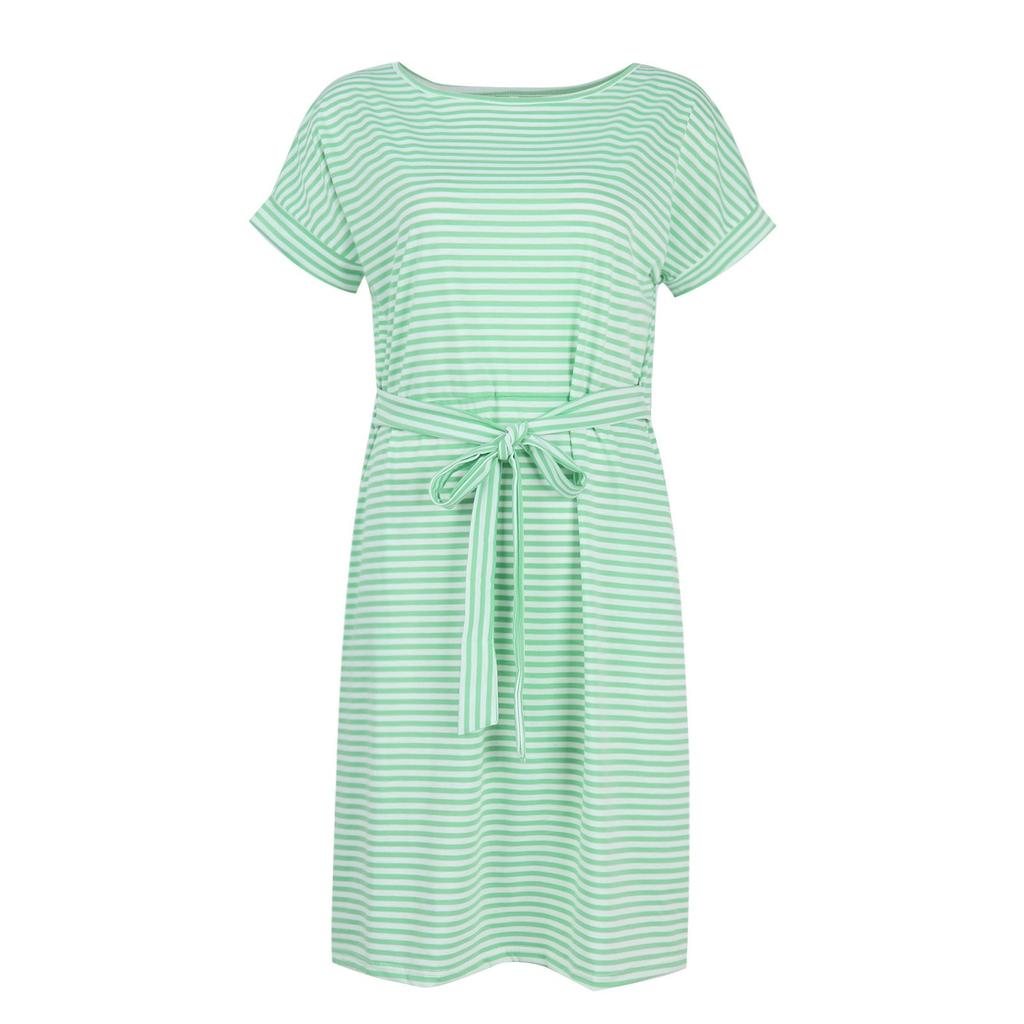 Ladies Casual Fashion Sexy Round Neck Short Sleeve Tunic Striped Dress