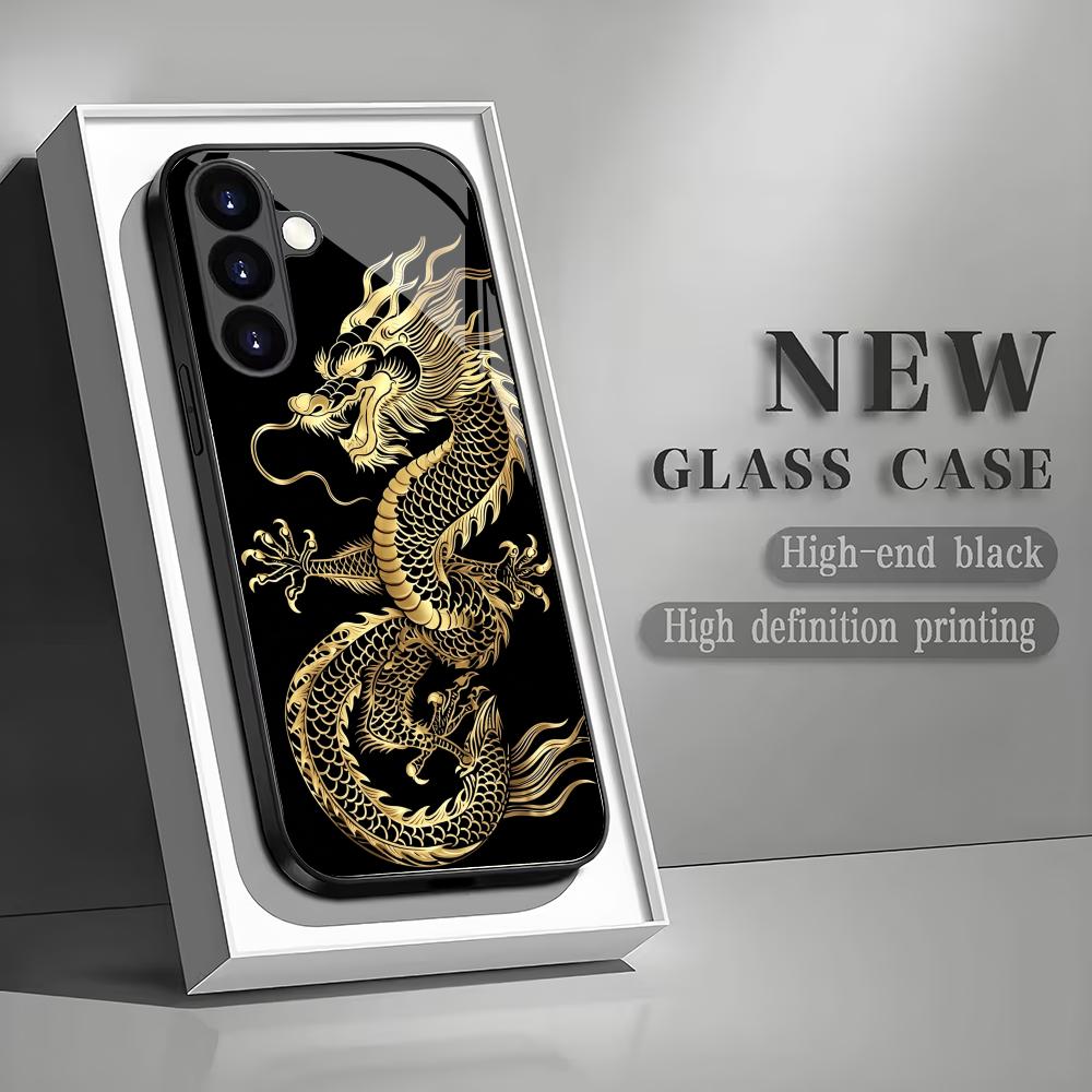 

Golden Dragon Design Black Glass Phone Case Suitable for Samsung GalaxyS26 S25 S24 S23 S22 S20FE/Ultra/Plus Anti Drop Back Cover GalaxyS26Ultra