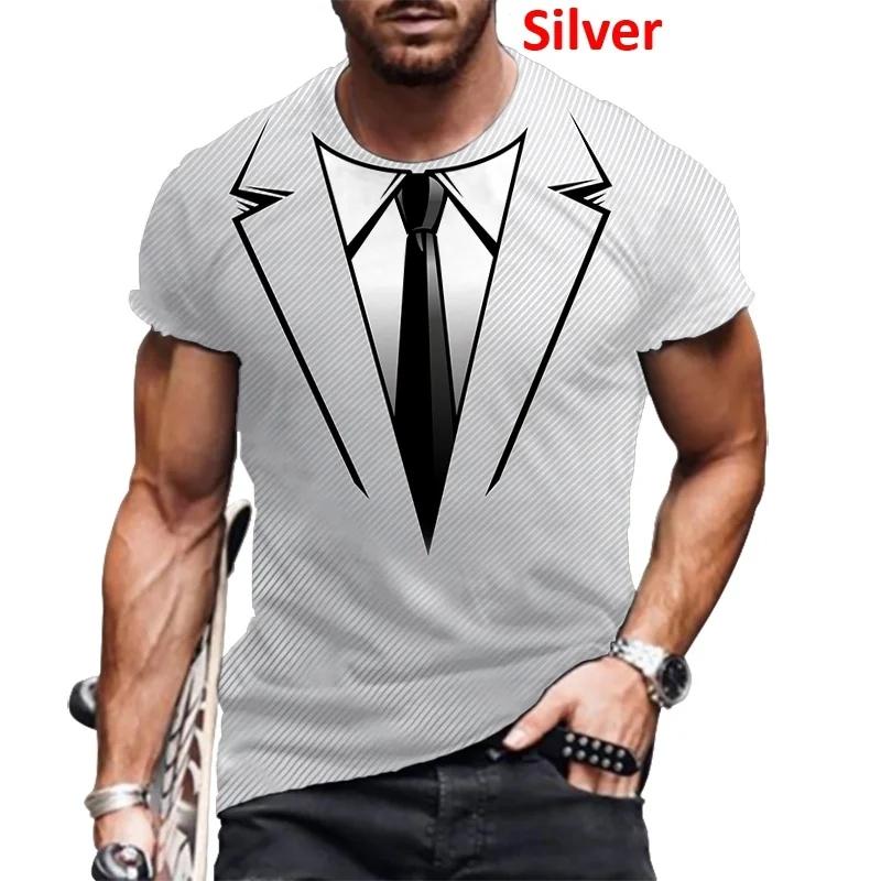 Summer Fake Suit Bow Print Men's T-shirt Tailcoat Tie Fashion Short Sleeve Round Neck Plus Size Comfortable Top
