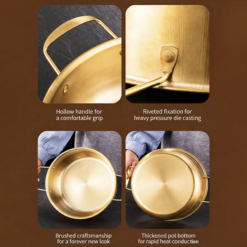 Korean Style Ramen Pot Stainless Steel With Lid Soup Pot Gold Plated Double Ear Hot Pot Camping Cookware