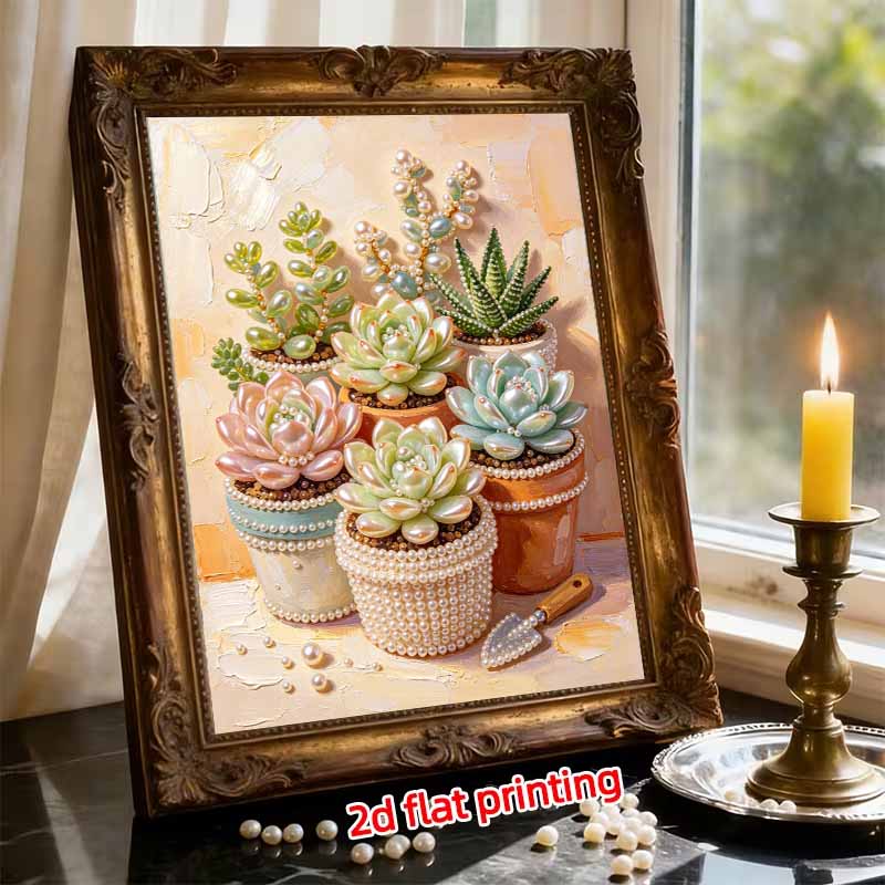 DIY Pearl Painting Canvas Succulents Design Shiny 3D Bead Art Kit Creative Leisure Craft for Living Room Wall Decor