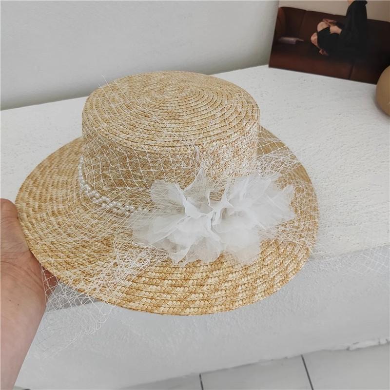 Ins Chic Summer Big Lace Flower Pearl Ribbon Natural Straw Lady Fedoras Cap Women Leisure Panama Jazz Hat