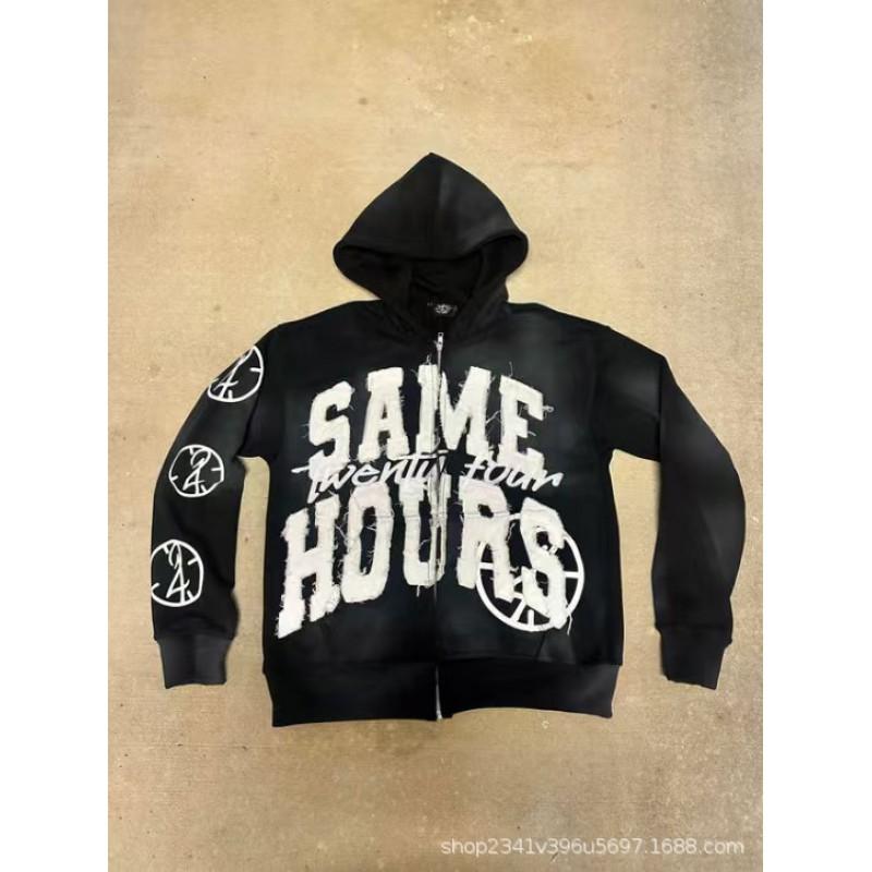 Vintage Letter Patch Print Hooded Cardigan Loose Fit Streetwear Women