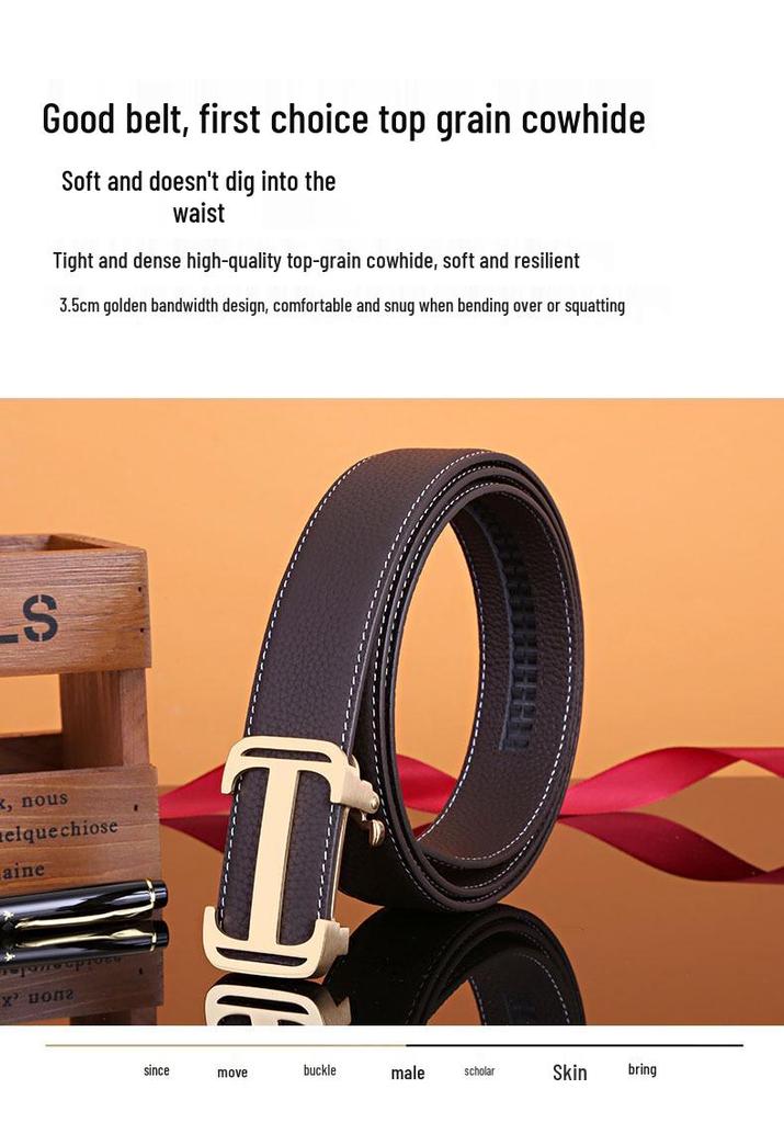 Men's Automatic Buckle Stainless Steel Belt, Genuine Leather Cowhide, Youth Versatile Casual Design