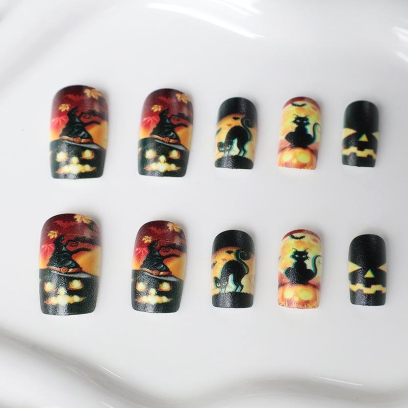 New Nail Art Halloween Scary Pumpkin Black Cat Bat Short Square Wear Nail Art