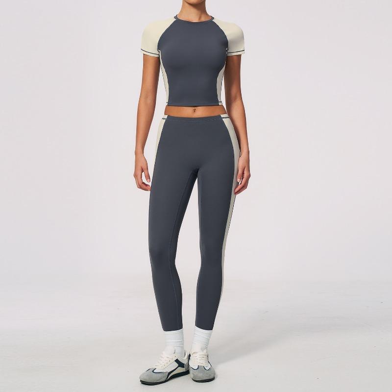 Zechuang nude yoga set for women, crew neck short-sleeve high-waisted pants, high-stretch slim-fit fitness wear