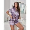 Pyjama-Set aus Satin mit Herz-Print, lässiges kurzärmliges Oberteil mit Revers und elastischen Shorts für Damen