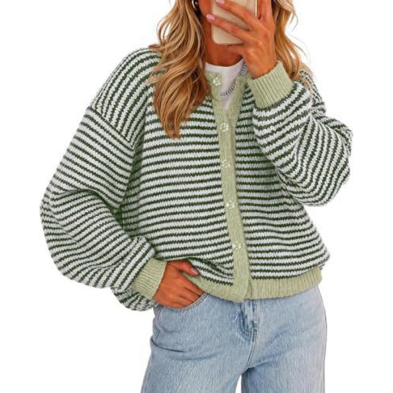 2026 Fall Winter Womens Striped Knit Cardigan Colorblock Round Neck Single Breasted Loose Sweater