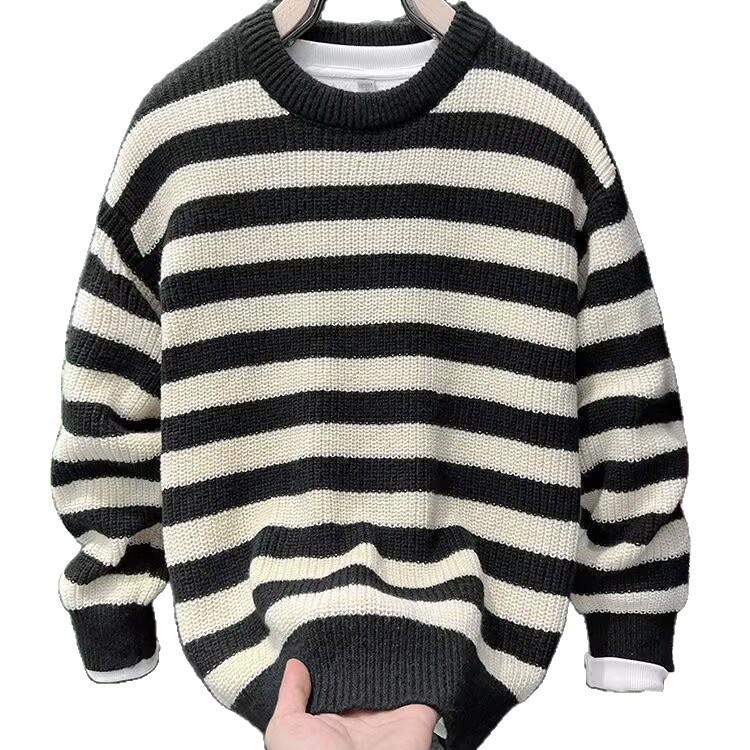 New Spring & Autumn Striped Oversized Slimming Knit Sweater - Black & White, Round Neck, Long Sleeve, Casual Style.