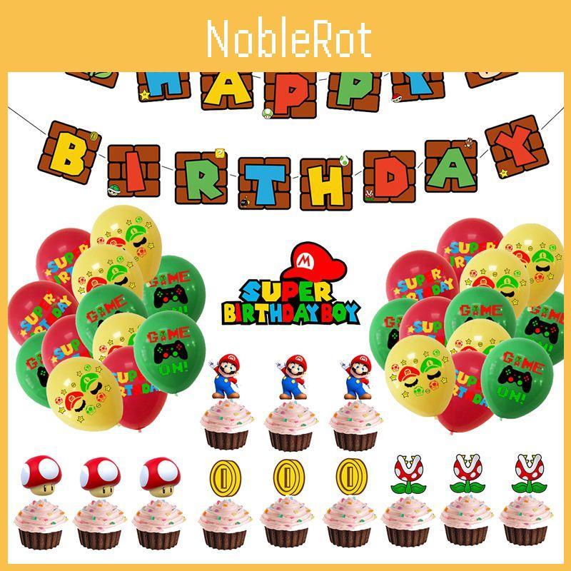Birthday Super Mario Party Decor Suit Supplies Set Balloon Banner Topper Cake
