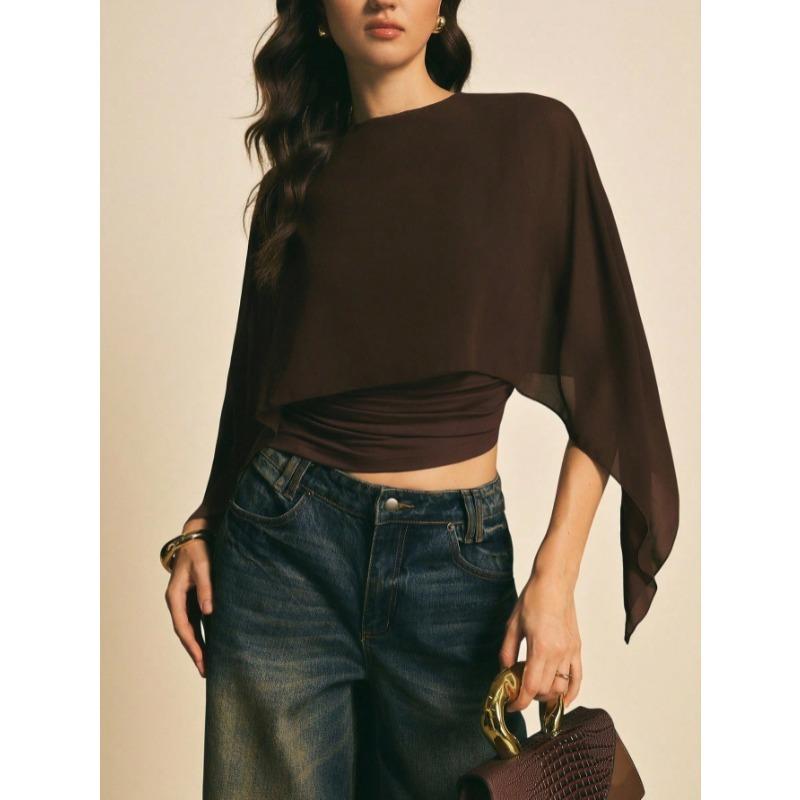 Women Irregular Pleated Covers New Slim Fit Short Blouse Fashion O-neck Elegant T-shirt Spring Loose Solid Color Casual Crop Top