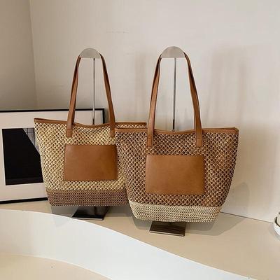 Women Crochet Beach Handbag PU Patchwork Weaving Travel Bag Contrast Color Simple Shoulder Bag Ladies Summer Daily Bag