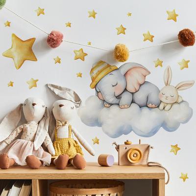 Autocollants muraux décoratifs pour chambre à coucher, salon, maison, nuages, étoiles, éléphant, lapin