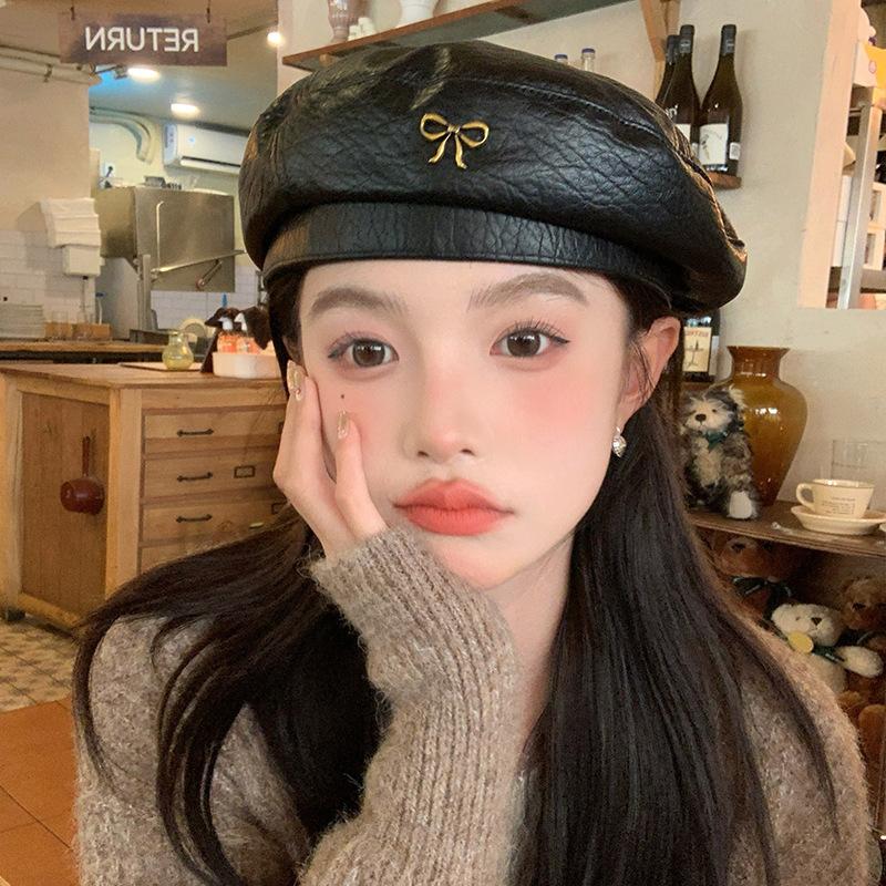 Liangfang High Quality Bow Leather Beret Hat Newsboy Painter Hat Autumn And Winter