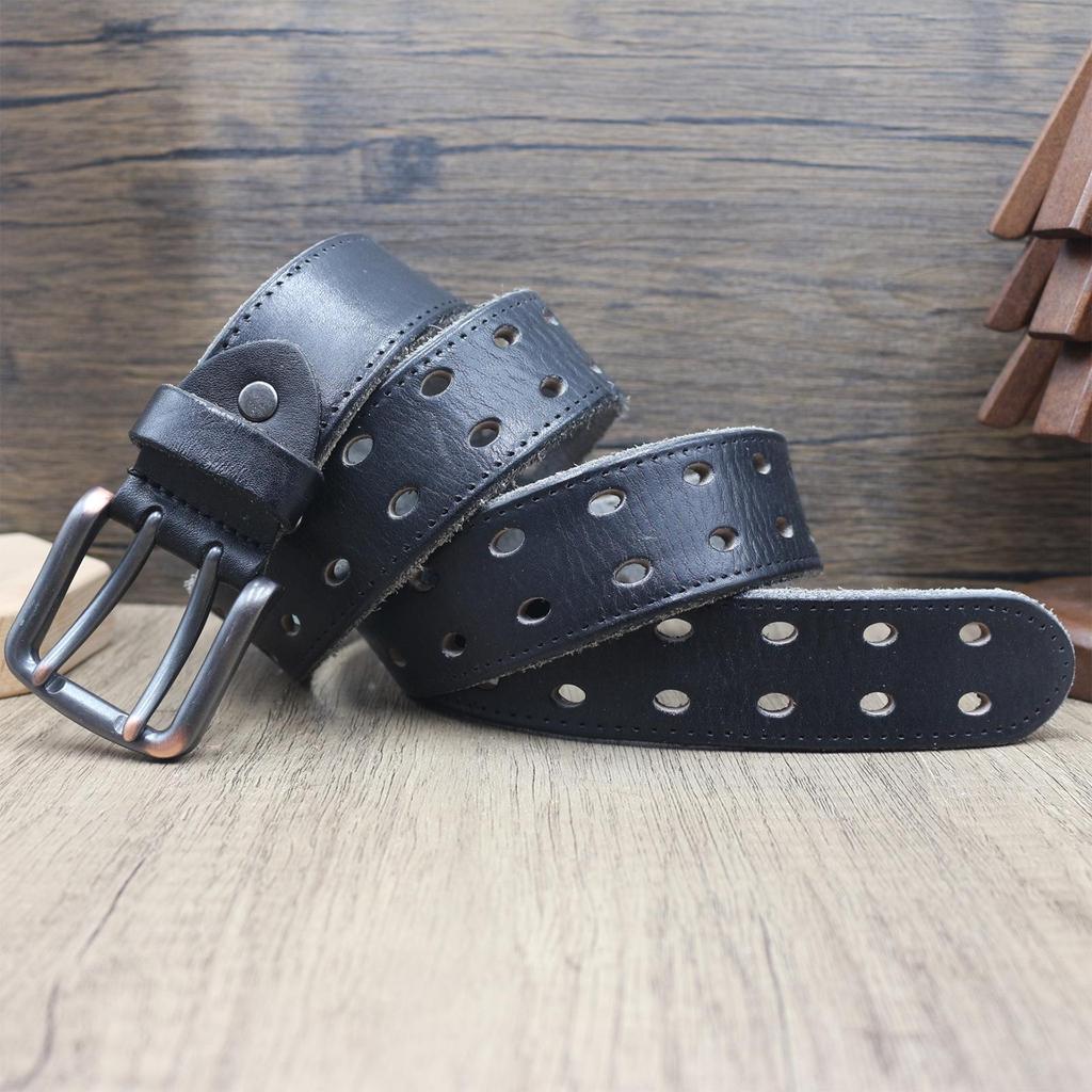 Trendy Personalized Retro Leather Belt with Double Pin Buckle for Men