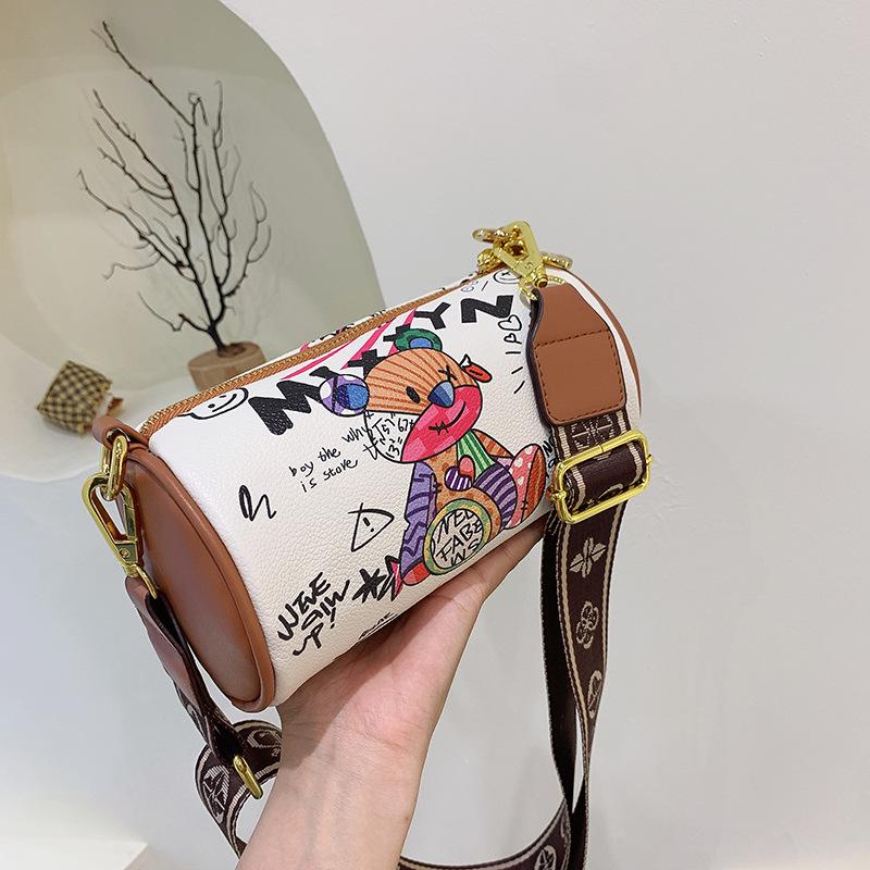 Korean Style 2025 Autumn Chic Women's Crossbody Graffiti Cylinder Handbag