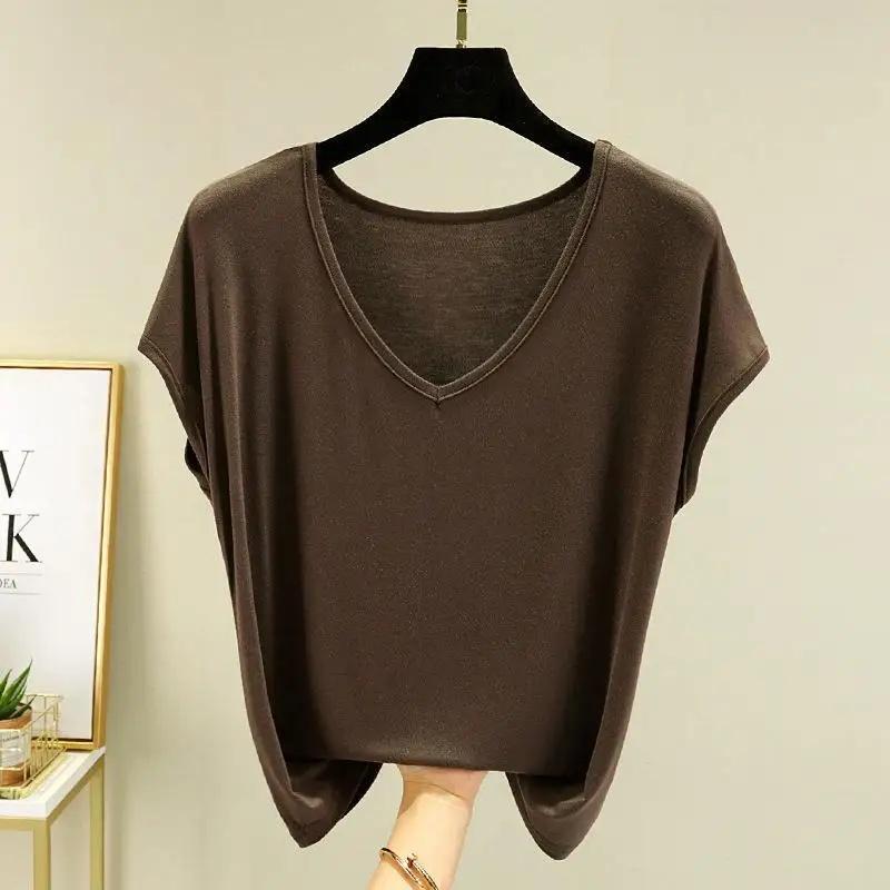 

Женская футболка без рукавов, с коротким рукавом, с V-образным вырезом, повседневный топ, тонкое нижнее белье, верхняя одежда, большой размер, свободный крой L кофейный