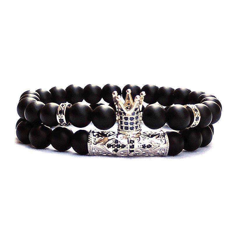 European Micro-Inlaid CZ Crown & Frosted Stone Elastic Bracelet Set for Men & Women