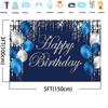 2D Blue Silver Happy Birthday Backdrop Luxury Crystal Design for Adult Birthday Party Banner