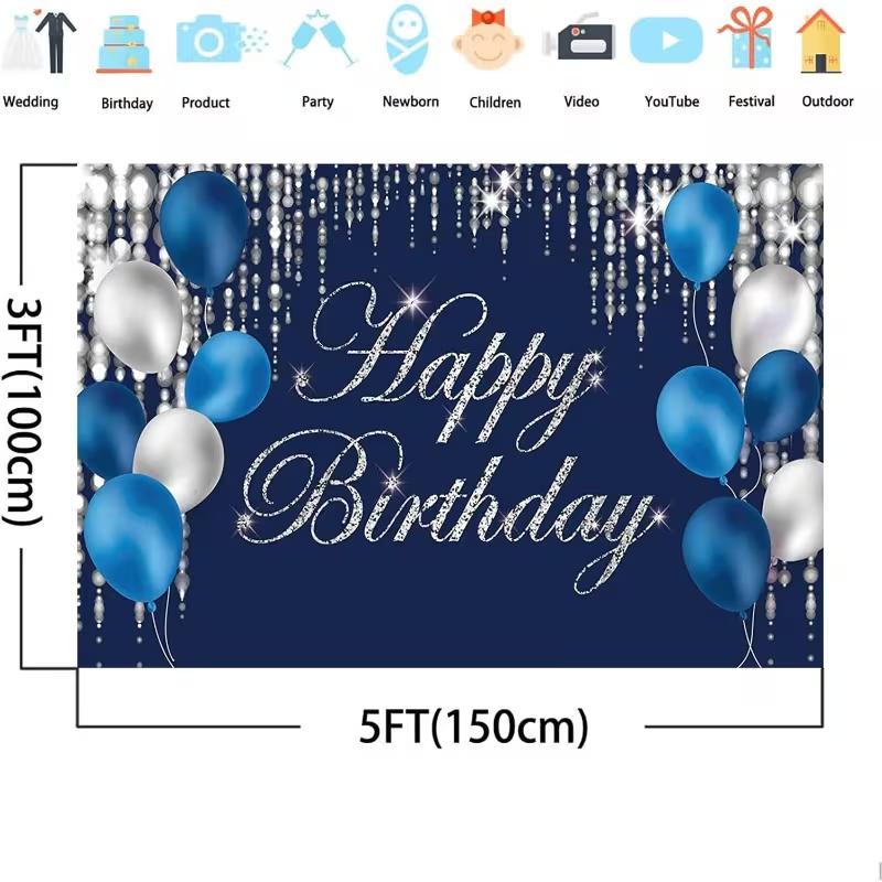 2D Blue Silver Happy Birthday Backdrop Luxury Crystal Design for Adult Birthday Party Banner