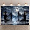 2D Foggy Night Cemetery Gate Backdrop with Full Moon and Spooky Mansion Background