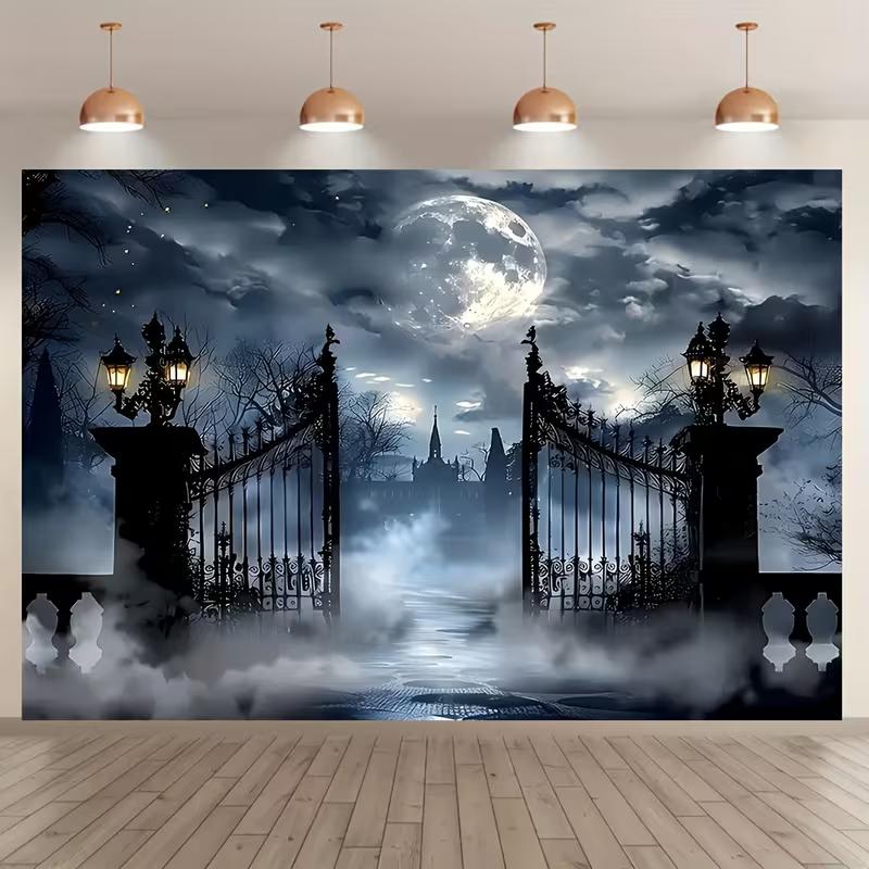 2D Foggy Night Cemetery Gate Backdrop with Full Moon and Spooky Mansion Background