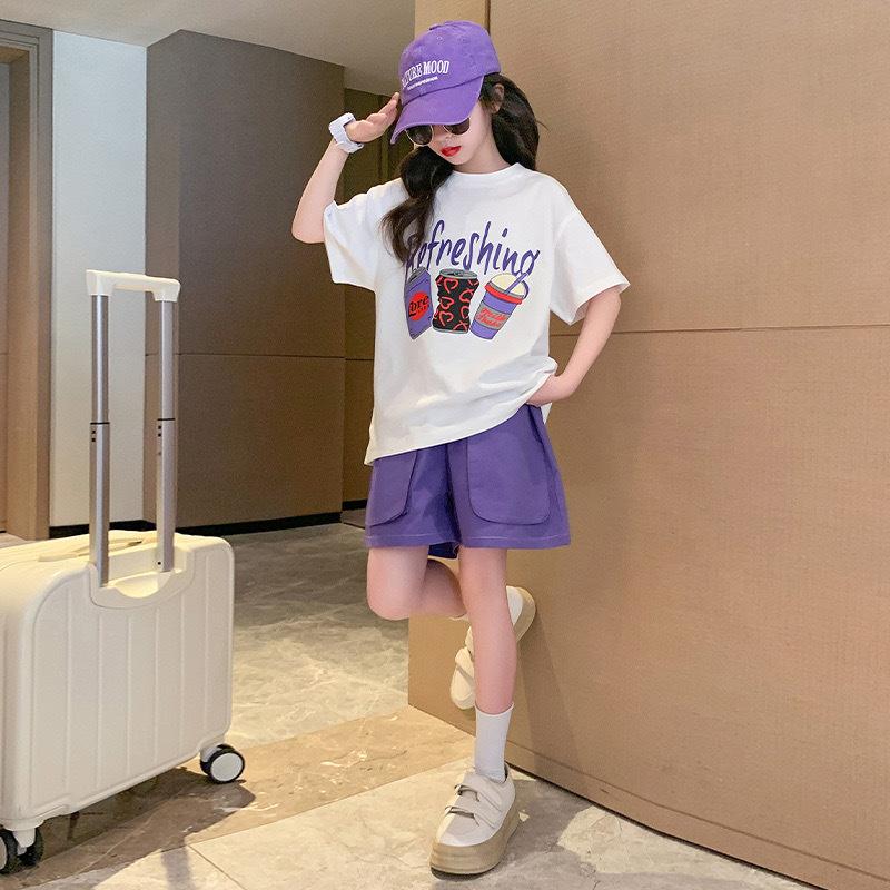 Girls Korean Version of the Casual Sports Suit Summer Dress Middle and Large Children Short-Sleeved Shorts Letter Short-Sleeved