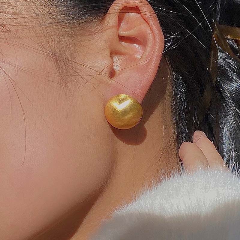 Frosted Gold Brushed Half Metal Big Ball Round Earrings for Women Retro Unique Creative Versatile Accessories Brincos
