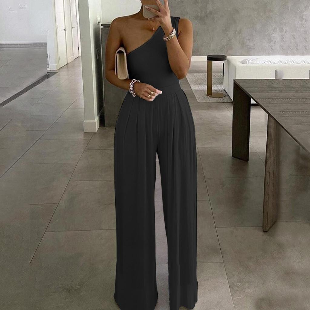 Einschultriger ärmelloser Overall für Damen Modedruck Weite Beine Hosen Strampler Eleganter Overall mit hoher Taille