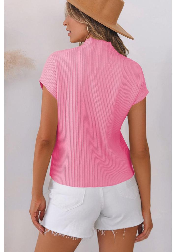 2025 Women's High Neck Short Sleeve Ribbed Knit Pullover – European & American Fashion