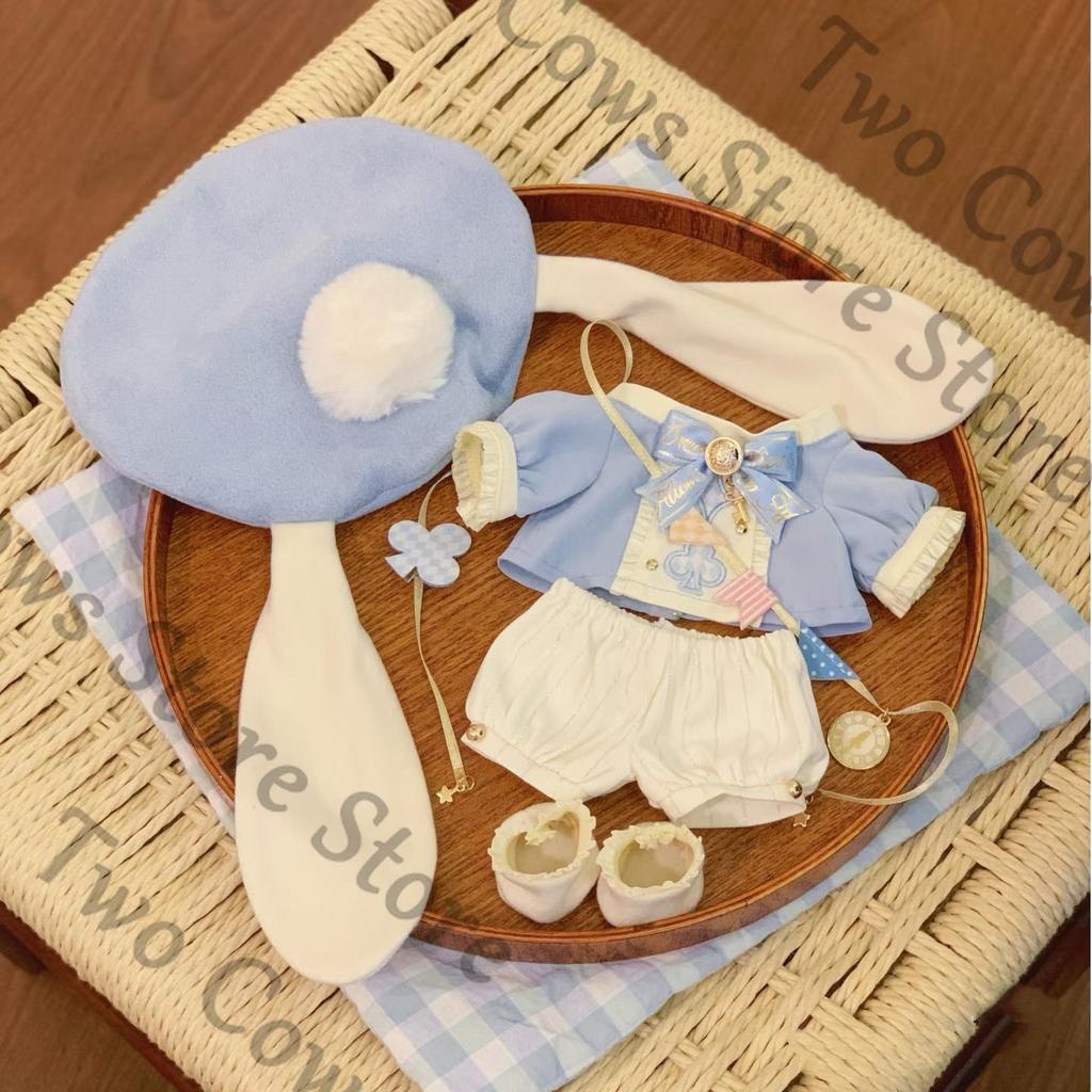 20cm Doll Outfit Set Pastel Blue White Vintage-Inspired Ensemble Beret Ruffled Top Pleated Shorts Booties Decorative Accessories