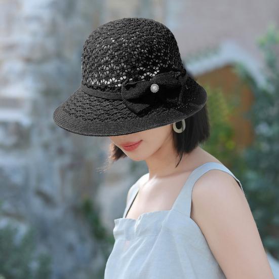 Women's Sun Hat Handmade Straw Woven Bucket Hat with Bow Foldable Sun Protection Fishing Hat for Outdoor Travel Beach
