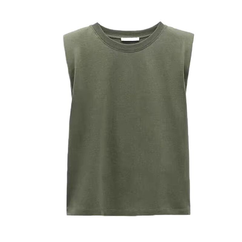 Spring and Summer New Women's Clothing Minimalist round Neck Cotton with Padded Shoulder Washing Effect Sleeveless T-shirt Top 0858203